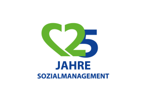 Logo von Allbau zum 25-jährigen Jubiläum des Sozialmanagements, mit einem grünen Herz und der Zahl 25 in Blau, darunter der Schriftzug 'Jahre Sozialmanagement'.