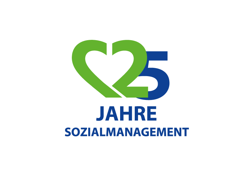 Logo von Allbau zum 25-jährigen Jubiläum des Sozialmanagements, mit einem grünen Herz und der Zahl 25 in Blau, darunter der Schriftzug 'Jahre Sozialmanagement'.